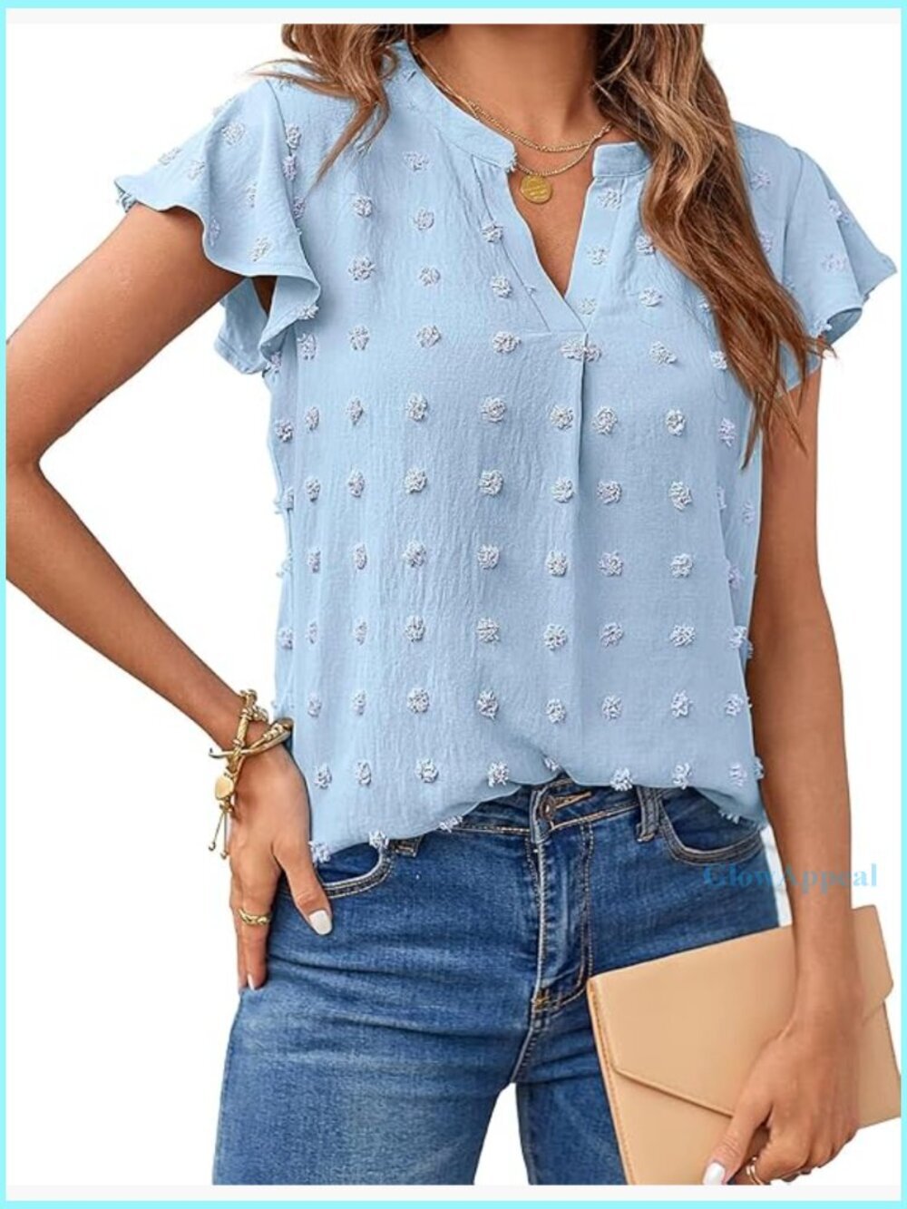 V-Neck Ruffle Short Sleeve Blouse Swiss Dot Flowy Tunic Top